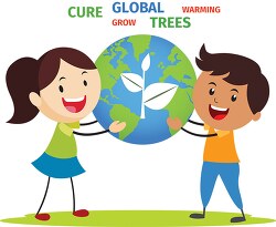 kids holding earth with messege global warming clipart