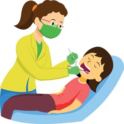 lady dentist examine teeth of a little girl clipart
