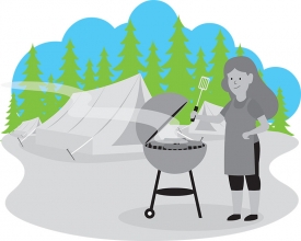 lady enjoying barbeque outdoors while camping gray color
