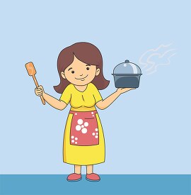 lady wearing an apron holding cooking utensils clipart 2