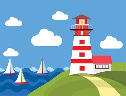 lighthouse on green hill overlooks ocean with sailboats clipart