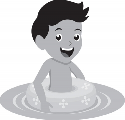 little boy swimming in pool with tube summer gray clipart