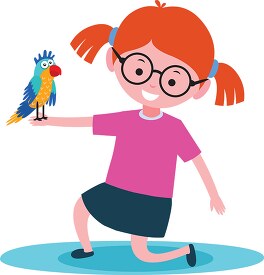 little girl holding her pet parrot cartoon style