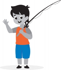 little kid boy standing with fishing rod gray color