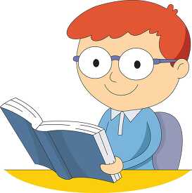 male student wearing glasses reading book clipart