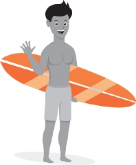 male surfer standing holding surfboard summer gray color