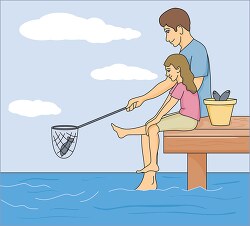 man and child sitting on dock fishing clipart image