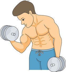 man exercises arms with dumbbell in gym