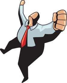 man in a suit and tie is doing a kick with fists in the air