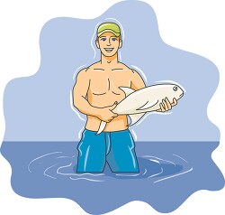 man in water with fish in hands clipart