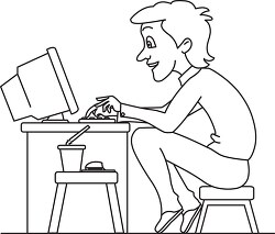 man sitting at desk working on computer black outline