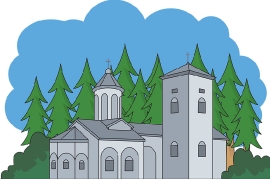 monastery in mountains with trees clipart 389