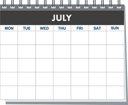 month spiral july calendar black white clipart