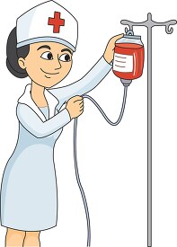 nurse at hospital setting up iv drip clipart