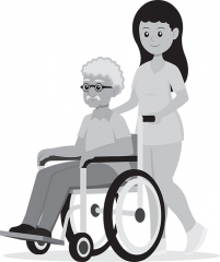 nurse walking with senior citizen in wheel chair gray color