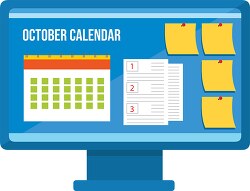 october calendar with post notes on computer screen clipart