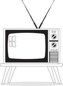 old vintage television with rabbit antenna clipart black outline