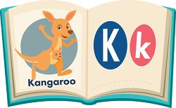 open book with letter of alphabet letter K for kangaroo