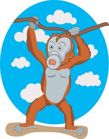 orangutan standing on rock hanging from branch clipart image