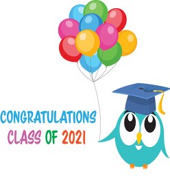 owl cartoon character with balloons congration class 2021 clipar