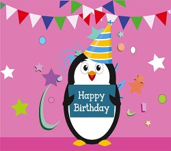 penguin wearing birthday hat holding birthday card pink backgrou