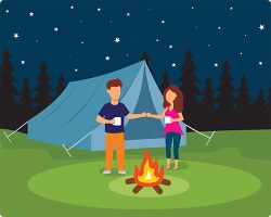 people camping standing near campfire at night clipart