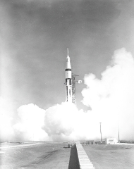 A 224-foot-high Saturn IB space vehicle carrying Apollo 7 Astron