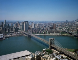 Aerial Brooklyn Bridge looking toward Manhattan