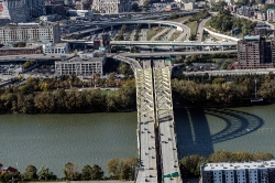 Aerial view of Cincinnati Ohio with the Daniel Carter Bridge ove