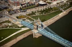 aerial view of downtown Cincinnati Ohio Suspension Bridge over t