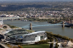 Aerial view of downtown Cincinnati Ohio the Ohio River