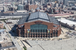 Aerial view of Indianapolis with Lucas Oil Stadium