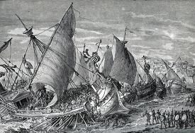 ancient greek sailing ships at battle