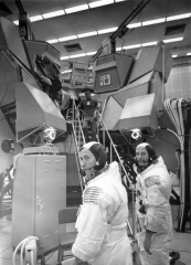 Apollo 10 astronauts enter command module mission simulator