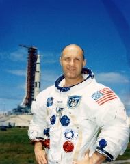 Apollo 10 Commander Tom Stafford poses at pad 39-B