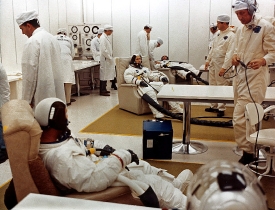 Apollo 7 crew goes through suiting up operation