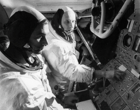 Apollo-10 astronauts uring training in the Lunar Module simulator