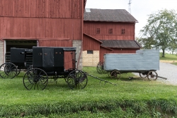Barns and horse-drawn buggies and farm wagons at Yoders Amish Ho