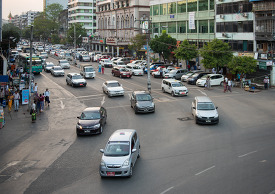 Car traffic on the streets Yangon Myanmar