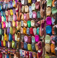 Colorful Leather Moroccan slippers for sale in souk Morocco Phot