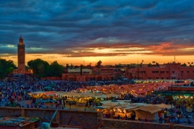 Djamaa El Fnathe main square in Marrakesh at sunset photo image 