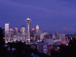 Dusk view of the skyline Seattle Washington
