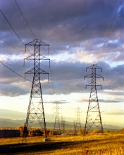electric towers at sunset