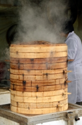 Food Cooking In Stacked Bamboo Steamers Outdoor Market Photo Ima