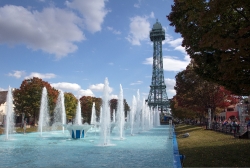 Fountains erupt near a one-third scale version of Frances Eiffel