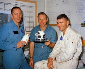 fred haise jack swigert and jim lovell pose on the day before la