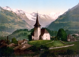 Frutigen church and Alps Bernese Oberland Switzerland historical