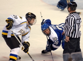 Hockey referee on ice with players