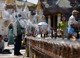 Incense burning Shwedagon Pagoda in Yangon Myanmar