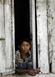 Indonesian boy looks out the window of his home